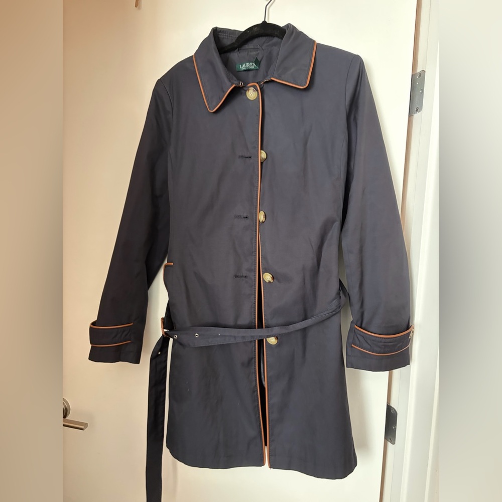 Ralph Lauren Belted Trench Coat Women's Medium Navy Blue Brown Piping Jacket
